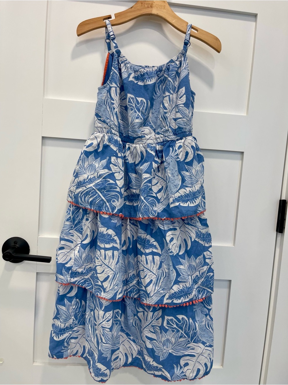 Beautiful Boden Summer dress, blue and white with pink pom poms 8-9Y